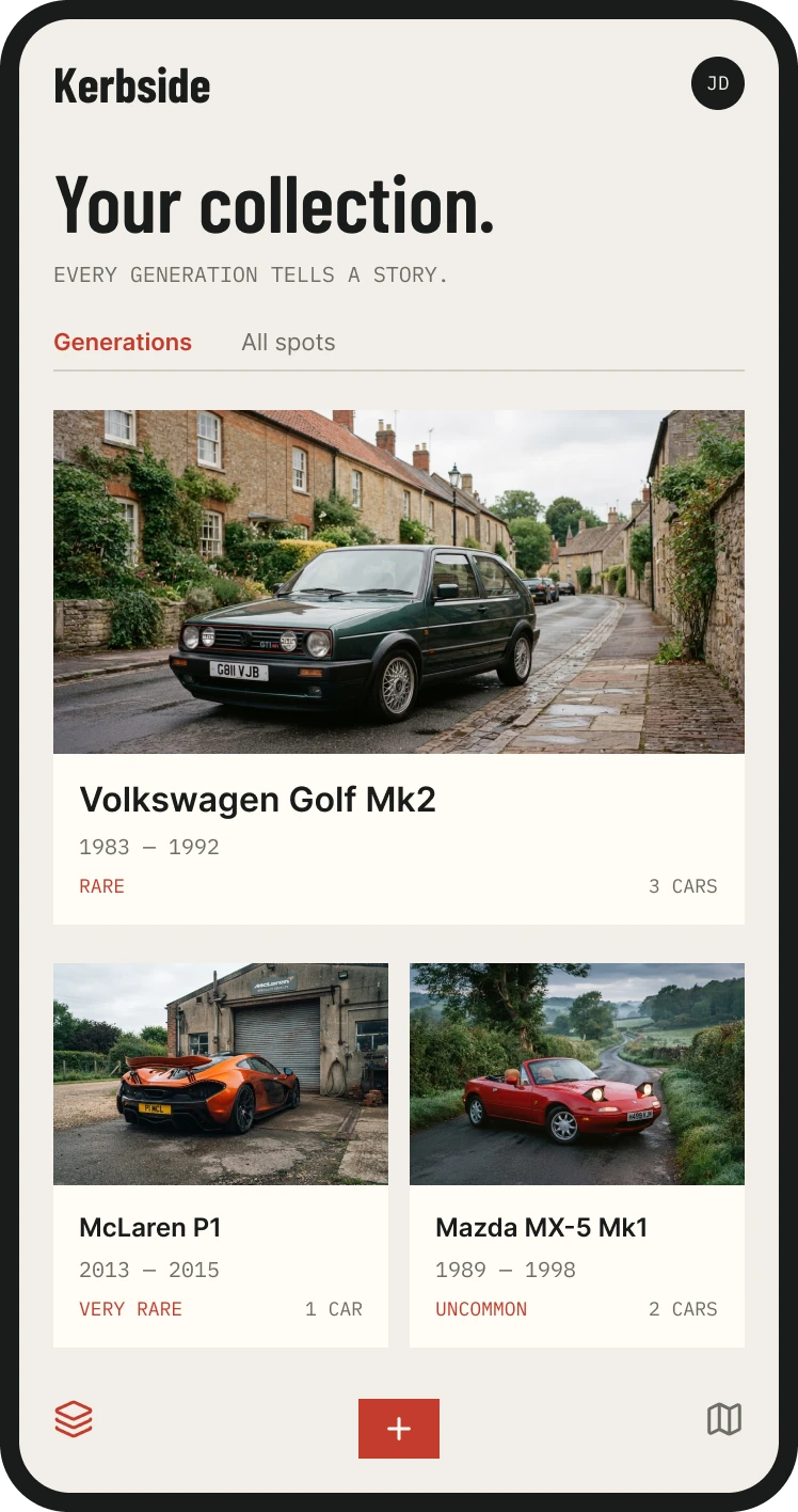 Illustrative preview of the Kerbside app: a collection showing a Volkswagen Golf Mk2 marked rare, a McLaren P1 marked very rare and a Mazda MX-5 Mk1 marked uncommon