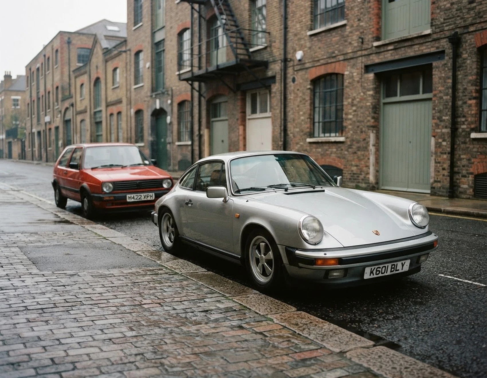 A silver Porsche 911 parked on a wet cobbled street of brick warehouses, with a red Volkswagen Golf Mk2 behind it